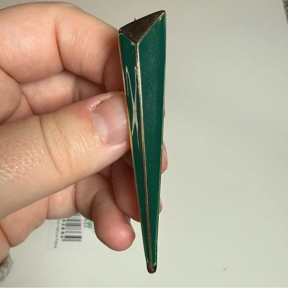 Vintage 80s/90s Emerald Green Enamel Modernist Geometric Brooch Gold Tone